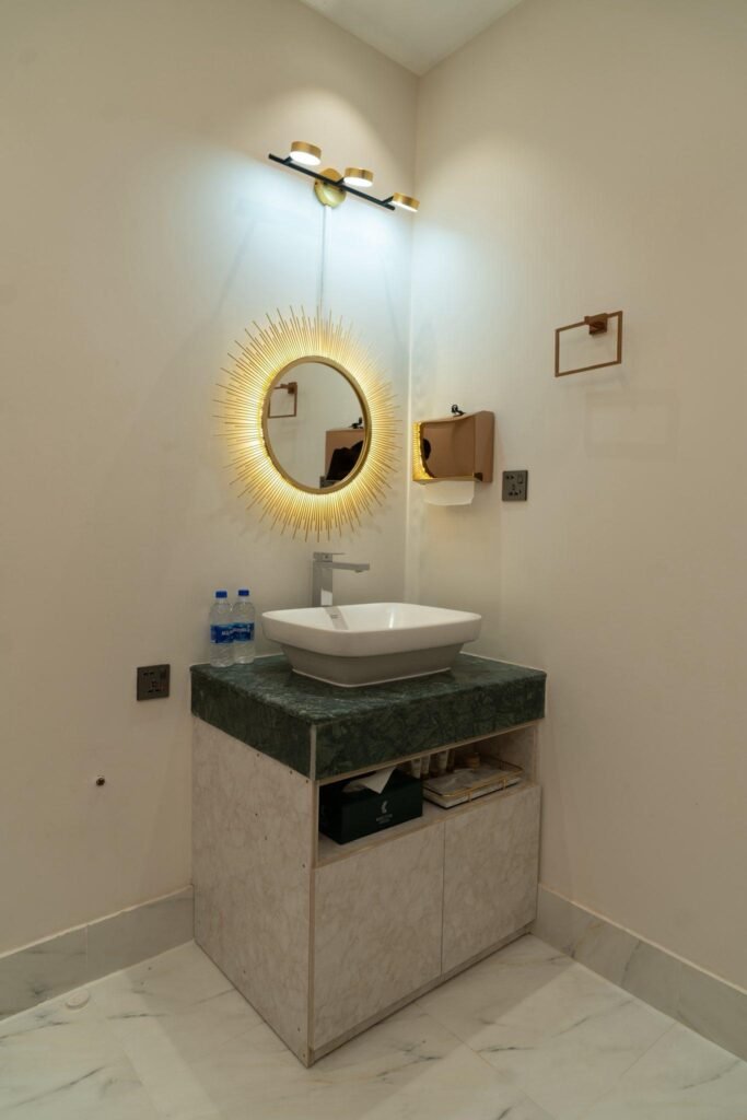 Modern bathroom vanity with mirror and sink in luxury resort room