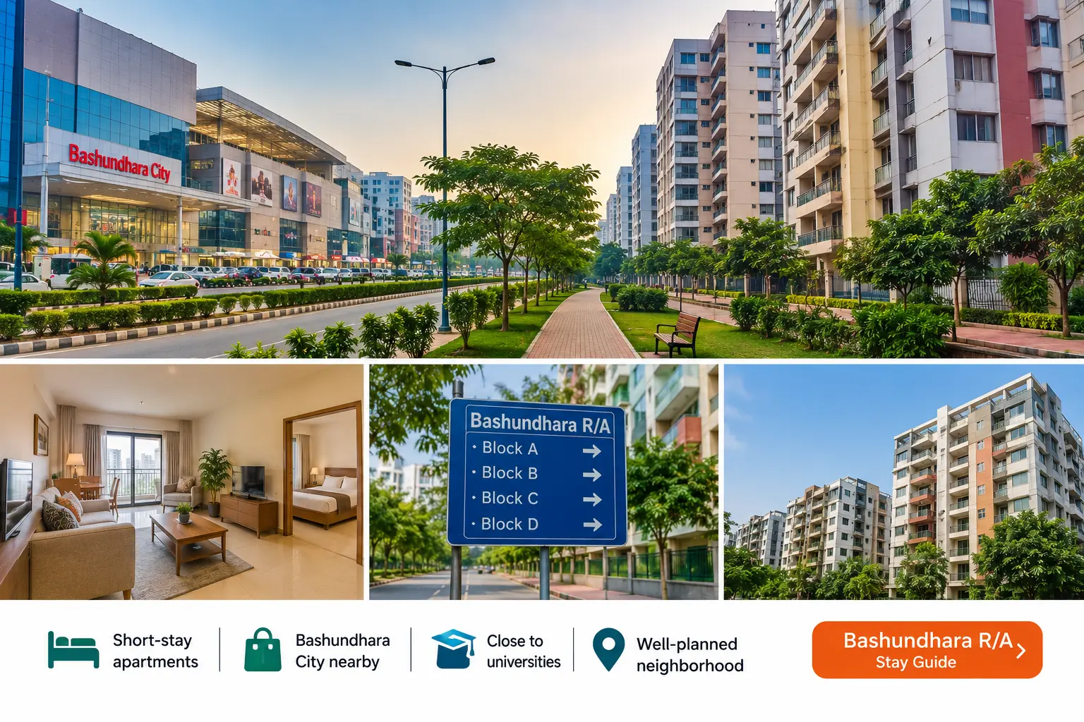 Bashundhara R/A short stay apartments near Bashundhara City, universities, and well-planned residential streets in Dhaka