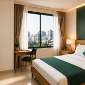 Clean modern budget hotel room in Dhaka with a comfortable bed, city view, and contemporary interior.
