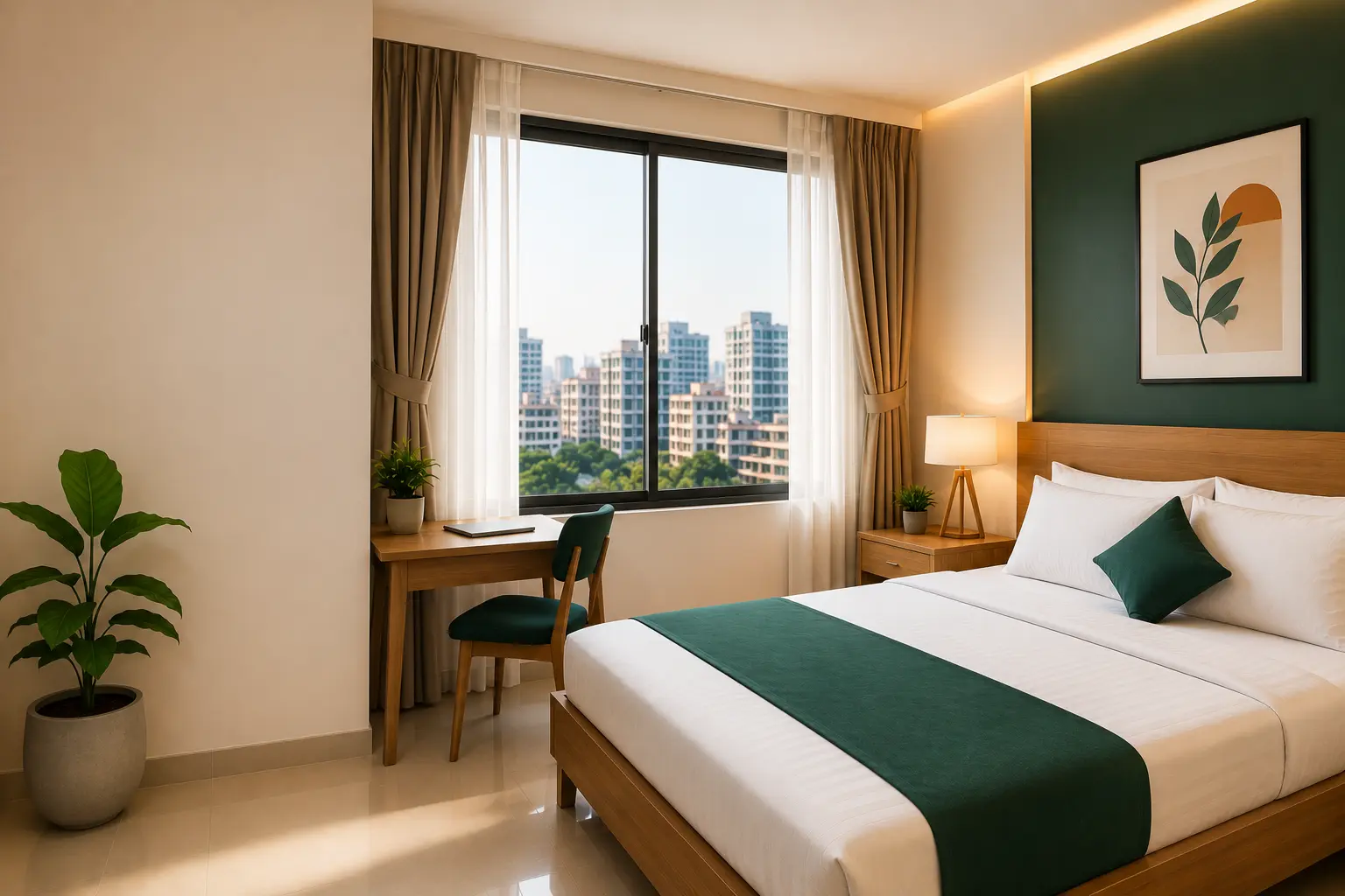 Clean modern budget hotel room in Dhaka with a comfortable bed, city view, and contemporary interior.