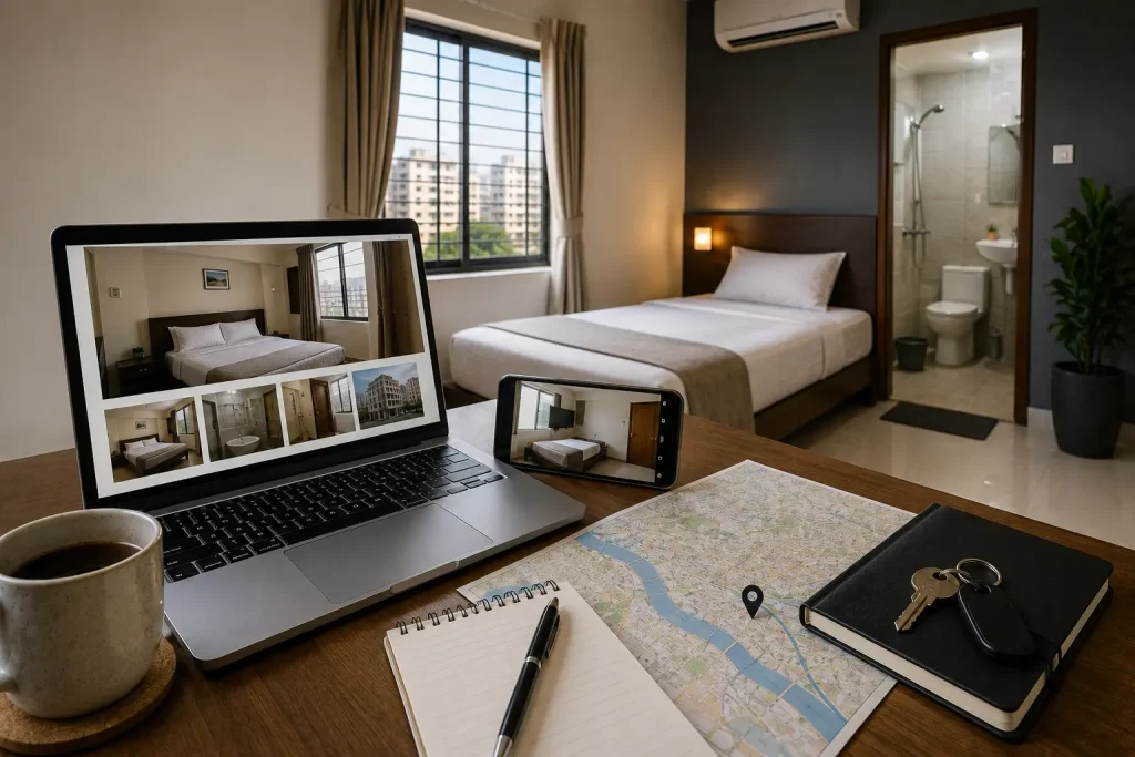 Traveler checking hotel room photos, video walkthrough, amenities, and location before booking a budget accommodation in Dhaka.