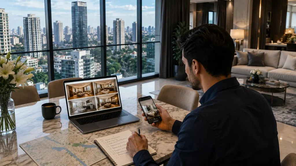 Luxury apartment guest reviewing property details, amenities, and location before booking a premium apartment in Dhaka.