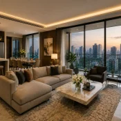Spacious luxury apartment in Dhaka with modern interior design, floor-to-ceiling windows, premium furnishings, and skyline views.