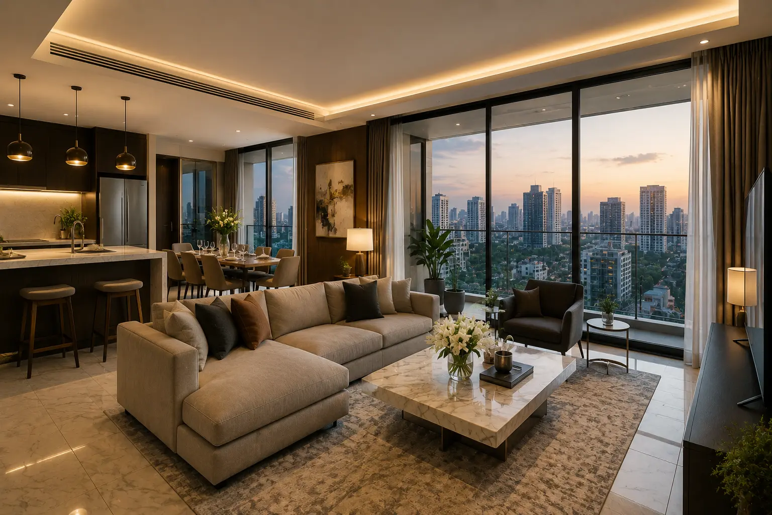 Spacious luxury apartment in Dhaka with modern interior design, floor-to-ceiling windows, premium furnishings, and skyline views.